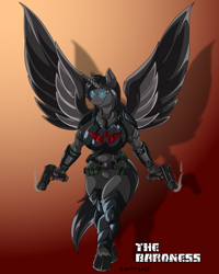 Size: 1000x1250 | Tagged: safe, artist:quicktron, alicorn, anthro, unguligrade anthro, baroness, body armor, breasts, dual wield, female, g.i. joe, glasses, gradient background, gun, handgun, pistol, ponified, smiling, solo, spread wings, tomboy, wings
