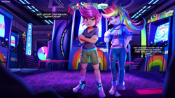 Size: 3887x2182 | Tagged: safe, artist:ichimoral, rainbow dash, scootaloo, human, equestria girls, g4, arcade, arcade cabinet, arcade game, caption, clothes, commission, converse, crossed arms, dash fighter vi, dialogue, duo, english, female, high res, hoodie, indoors, pants, shirt, shoes, shorts, text, tomboy, winner