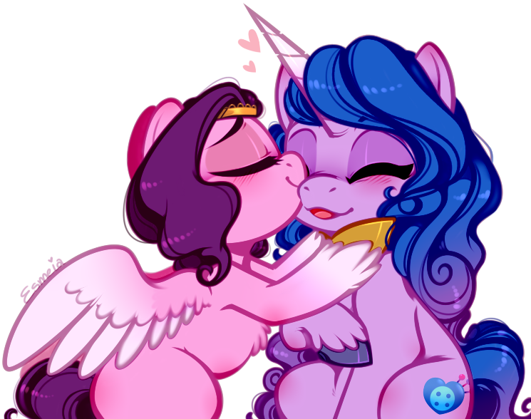 [blushing,cute,duo,eyes closed,female,g5,heart,lesbian,mare,nuzzling,pegasus,pony,safe,shipping,signature,simple background,unicorn,white background,artist:esmeia,belly fluff,hoof fluff,izzypipp,izzybetes,adorapipp,izzy moonbow,pipp petals]