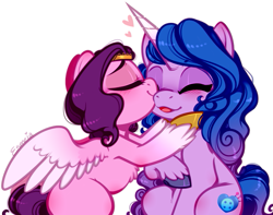 Size: 745x588 | Tagged: safe, artist:esmeia, izzy moonbow, pipp petals, pegasus, pony, unicorn, g5, adorapipp, belly fluff, blushing, curly mane, cute, duo, eyes closed, female, heart, hoof fluff, izzybetes, lesbian, mare, nuzzling, ship:moonpetals, shipping, signature, simple background, wavy mane, white background