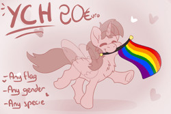 Size: 1500x1000 | Tagged: safe, artist:euspuche, alicorn, earth pony, pegasus, pony, unicorn, animated, any gender, any species, commission, dancing, eyes closed, flag, gif, pride, pride flag, pride month, proud, smiling, solo, text, walking, waving, your character here