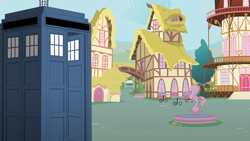 Size: 1280x720 | Tagged: safe, artist:mlp-silver-quill, after the fact, after the fact:testing testing 1 2 3, g4, doctor who, fountain, no pony, ponyville, statue, tardis, town hall, tree
