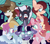 Size: 1280x1120 | Tagged: safe, artist:glowfangs, applejack, fluttershy, pinkie pie, rainbow dash, rarity, twilight sparkle, bat pony, demon, demon pony, earth pony, ghost, ghost pony, pegasus, pony, undead, unicorn, vampire, werewolf, zombie, zombie pony, g4, alternate design, alternate universe, frankenpony, glasses, group, hat, mad scientist, mane six, rule 63, sextet