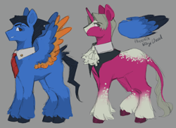 Size: 1280x934 | Tagged: safe, artist:pcktknife, pegasus, pony, unicorn, ace attorney, duo, gray background, leonine tail, miles edgeworth, necktie, phoenix wright, ponified, simple background, spread wings, tail, unshorn fetlocks, wings