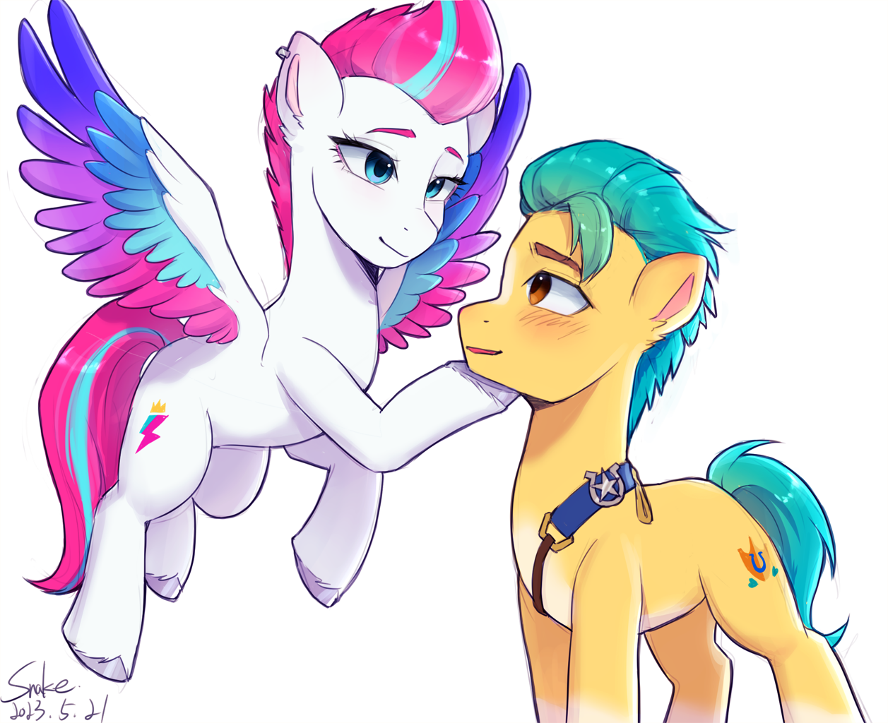 [duo,earth pony,female,flying,g5,high res,male,mare,pegasus,pony,safe,shipping,signature,simple background,stallion,straight,white background,wings,looking at each other,eye contact,multicolored wings,smiling,colored wings,spread wings,sheriff's badge,touching,looking at someone,duo male and female,smiling at each other,hitch trailblazer,zipp storm,hitchzipp,artist:xiaowu07]