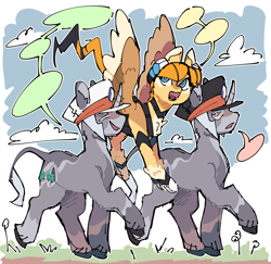 Size: 1280x1244 | Tagged: safe, artist:pcktknife, pegasus, pony, unicorn, elesa, emmet, flying, grass, ingo, pokémon, ponified, sky, speech bubble, trio, walking