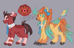 Size: 1280x837 | Tagged: safe, artist:pcktknife, earth pony, hippogriff, pony, ace attorney, apollo justice, athena cykes, bow, bracelet, cloven hooves, duo, gray background, hippogriffied, jewelry, necktie, ponified, simple background, species swap