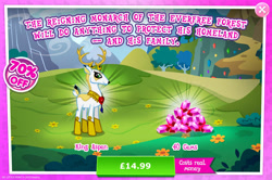 Size: 1962x1301 | Tagged: safe, gameloft, idw, king aspen, deer, g4, my little pony: magic princess, advertisement, costs real money, english, gem, horns, idw showified, introduction card, male, mobile game, numbers, sale, solo, text