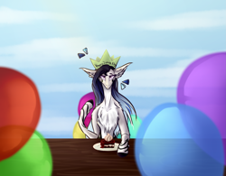 Size: 2707x2111 | Tagged: safe, artist:xanthiminora, oc, oc only, earth pony, pony, balloon, birthday, cake, chest fluff, coat markings, earth pony oc, food, hat, high res, party hat, plate, solo