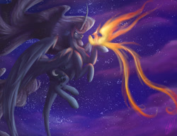 Size: 1280x984 | Tagged: safe, artist:xanthiminora, philomena, princess luna, alicorn, phoenix, pony, g4, alternate design, curved horn, duo, female, flying, horn, large wings, long horn, long mane, long tail, mare, night, night sky, sky, tail, wings