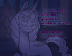 Size: 901x696 | Tagged: safe, anonymous artist, opaline arcana, alicorn, pony, series:misty pov, g5, curved horn, dark, dialogue, female, folded wings, gaslighting, horn, implied misty brightdawn, implied pipp petals, limited palette, mare, narrowed eyes, opabitch, ringlets, solo, text, wings