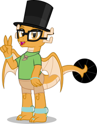 Size: 4000x5125 | Tagged: safe, artist:n0kkun, oc, oc only, oc:myoozik the dragon, dragon, claws, clothes, dragon oc, fangs, glasses, hat, jewelry, leg band, male, non-pony oc, open mouth, scales, shirt, shorts, simple background, solo, t-shirt, tail, toe ring, top hat, transparent background, vector, wings