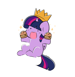 Size: 3616x3696 | Tagged: safe, artist:kittyrosie, twilight sparkle, alicorn, pony, g4, :d, anime style, burger, cute, dot eyes, female, food, happy, hay burger, high res, mare, open mouth, open smile, simple background, smiling, solo, talking to viewer, that pony sure does love burgers, twiabetes, twilight burgkle, twilight sparkle (alicorn), white background