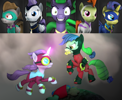 Size: 3840x3160 | Tagged: safe, artist:pika-robo, idw, fili-second, mane-iac, masked matter-horn, mistress marevelous, radiance, saddle rager, zapp, earth pony, pegasus, pony, unicorn, g4, 3d, angry, aurora (zapp), divine (mistress marevelous), female, fight, green gardener, grin, hardy steward, high res, humdrum costume, injustice gods among us, magic, mare, marey allen, masked matter-horn costume, parody, power ponies, princess divine, smiling, source filmmaker, spruce spanner, tresemme