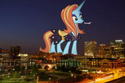 Size: 2048x1361 | Tagged: safe, anonymous editor, artist:starryshineviolet, edit, sassy saddles, pony, unicorn, g4, aircraft, airline, baltimore, boeing, boeing 747, boeing 747-8, clothes, dress, female, giant pony, giantess, highrise ponies, irl, macro, mare, maryland, photo, plane, ponies in real life, saddle, solo, tack
