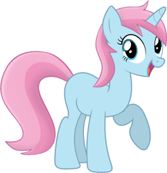 Size: 2445x2540 | Tagged: safe, artist:tankman, oc, oc only, oc:water lilly, pony, unicorn, blue body, blue eyes, blue skin, female, happy, high res, horn, looking at you, mare, open mouth, pink mane, pink tail, raised hoof, simple background, smiling, solo, tail, transparent background