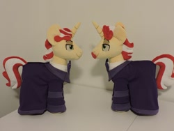 Size: 800x600 | Tagged: safe, artist:little-broy-peep, idw, flam, flim, pony, unicorn, g4, reflections, spoiler:comic, brothers, clothes, dark mirror universe, flim flam brothers, irl, judge flim, male, photo, plushie, siblings, stallion