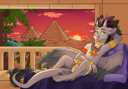 Size: 2388x1668 | Tagged: safe, oc, oc:arculascrain, dragon, amulet, armlet, bed, bedroom, clothes, coconut, egyptian, food, jewelry, loincloth, medallion, oasis, palm tree, pyramid, regalia, sun, sunset, tree, underwear, water