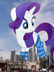 Size: 1536x2048 | Tagged: safe, anonymous editor, artist:alexiy777, edit, rarity, pony, unicorn, g4, california, clothes, eyeshadow, female, giant pony, giantess, highrise ponies, irl, looking down, los angeles, macro, makeup, mare, photo, ponies in real life, socks, solo, striped socks