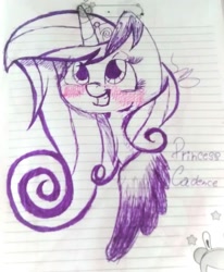 Size: 1401x1700 | Tagged: safe, artist:mynameislele, part of a set, princess cadance, alicorn, pony, g4, blushing, drunk, female, grin, lined paper, mare, sketch, smiling, solo, traditional art