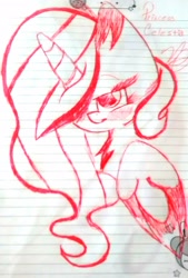 Size: 1371x2029 | Tagged: safe, artist:mynameislele, part of a set, princess celestia, alicorn, pony, g4, blushing, drunk, drunk celestia, drunklestia, lined paper, sketch, solo, traditional art