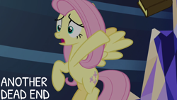 Size: 1920x1080 | Tagged: safe, edit, edited screencap, editor:quoterific, screencap, fluttershy, pegasus, pony, a health of information, g4, my little pony: friendship is magic, book, female, mare, pink mane, pink tail, solo, tail, twilight's castle, wings, yellow coat