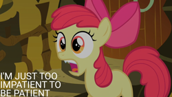 Size: 2000x1125 | Tagged: safe, edit, edited screencap, editor:quoterific, screencap, apple bloom, earth pony, pony, g4, my little pony: friendship is magic, season 2, the cutie pox, bow, caption, female, filly, foal, hair bow, impatient, open mouth, solo, text, zecora's hut