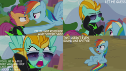 Size: 2000x1125 | Tagged: safe, edit, edited screencap, editor:quoterific, screencap, lightning dust, rainbow dash, scootaloo, pegasus, pony, g4, the washouts (episode), female, filly, foal, mare, open mouth, sunglasses