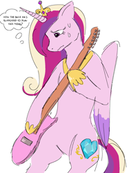 Size: 1342x1795 | Tagged: safe, artist:reponer, princess cadance, alicorn, pony, g4, bipedal, colored, description is relevant, dialogue, electric guitar, female, flat colors, guitar, mare, musical instrument, simple background, solo, thought bubble, white background, worried