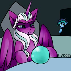 Size: 2000x2000 | Tagged: safe, artist:fv0003, misty brightdawn, opaline arcana, alicorn, pony, unicorn, g5, duo, female, frown, high res, mare, meme, pondering my orb, solo focus