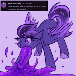 Size: 1000x1000 | Tagged: safe, artist:shad0w-galaxy, oc, oc only, oc:shadow galaxy, pegasus, pony, discord (program), doodle, ethereal mane, female, joke, mare, mohawk, simple background, sketch, solo, starry eyes, starry mane, starry tail, tail, text, vomit, vomiting, wingding eyes