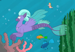 Size: 4198x2926 | Tagged: safe, artist:rotgriff, seaspray, classical hippogriff, fish, hippogriff, hybrid, merpony, seahorse, seapony (g4), g4, beak, blue eyes, blue mane, bubble, coral, crepuscular rays, digital art, dorsal fin, fin, fin wings, fins, fish tail, flowing tail, high res, hybrid wings, male, mermay, ocean, seaweed, smiling, solo, spread wings, swimming, tail, underwater, water, wings