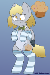 Size: 4000x6000 | Tagged: safe, artist:acria, derpy hooves, pegasus, pony, g4, belly, bipedal, bowtie, clothes, female, gradient background, mare, redesign, reimagine, socks, solo, striped socks