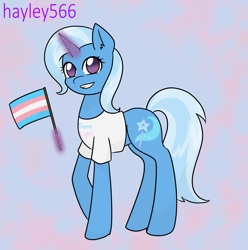 Size: 2193x2210 | Tagged: safe, artist:hayley566, trixie, pony, unicorn, g4, clothes, cute, diatrixes, female, glowing, glowing horn, grin, high res, horn, magic, mare, pride, pride flag, shirt, smiling, solo, t-shirt, trans female, trans trixie, transgender, transgender pride flag