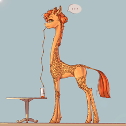 Size: 2000x2000 | Tagged: safe, artist:madhotaru, oc, oc only, oc:twiggy, giraffe, concave belly, drinking, drinking straw, high res, hooves, juice, leg fluff, long legs, long neck, neck fluff, side view, slender, solo, tall, thin