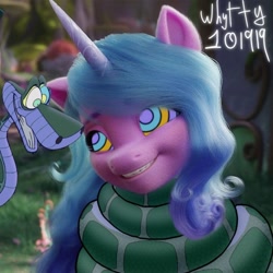 Size: 736x736 | Tagged: safe, artist:whitty101919, edit, editor:whitty101919, screencap, izzy moonbow, pony, snake, unicorn, g5, my little pony: a new generation, spoiler:my little pony: a new generation, hypno eyes, hypnosis, it came from deviantart, kaa, kaa eyes, smiling