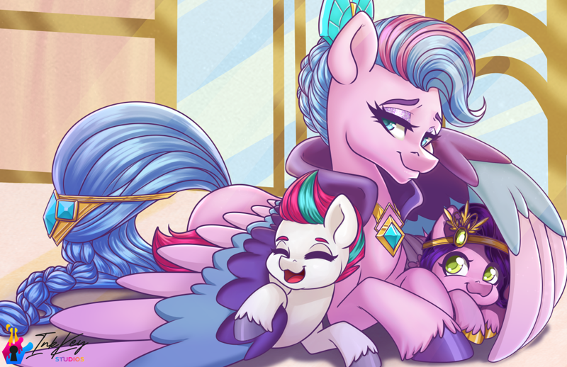 Size: 1224x792 | Tagged: safe, artist:inkkeystudios, pipp petals, queen haven, zipp storm, pegasus, pony, g5, :3, adorahaven, adorapipp, adorazipp, crown, cuddling, cute, daaaaaaaaaaaw, diabetes, eyes closed, featured image, female, filly, filly pipp petals, filly zipp storm, foal, happy, hug, jewelry, lidded eyes, mother and child, mother and daughter, motherly love, open mouth, open smile, regalia, royal sisters (g5), siblings, sisters, smiling, snuggling, sweet dreams fuel, trio, trio female, unshorn fetlocks, wholesome, wing blanket, winghug, wings, younger