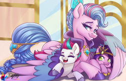 Size: 1224x792 | Tagged: safe, artist:inkkeystudios, pipp petals, queen haven, zipp storm, pegasus, pony, g5, :3, adorahaven, adorapipp, adorazipp, crown, cuddling, cute, daaaaaaaaaaaw, diabetes, eyes closed, family, featured image, female, filly, filly pipp petals, filly zipp storm, foal, happy, hug, jewelry, lidded eyes, mama haven, mother and child, mother and daughter, motherly love, open mouth, open smile, regalia, royal sisters (g5), siblings, sisters, smiling, snuggling, sweet dreams fuel, trio, trio female, unshorn fetlocks, wholesome, wing blanket, winghug, wings, younger