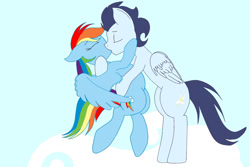 Size: 1024x683 | Tagged: safe, artist:discordcelestia, rainbow dash, soarin', pegasus, pony, g4, cloud, eyes closed, female, kiss on the lips, kissing, male, mare, ship:soarindash, shipping, stallion, straight