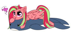 Size: 2145x1041 | Tagged: safe, artist:dimur, oc, oc only, oc:feather nib, pegasus, pony, shark, female, heart, lying down, mare, pegasus oc, plushie, shark plushie, simple background, transparent background, two toned mane