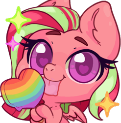Size: 316x320 | Tagged: safe, artist:hmeme, oc, oc only, oc:feather nib, pegasus, pony, candy, chibi, female, food, heart, heart eyes, licking, lollipop, mare, pegasus oc, simple background, sparkles, tongue out, transparent background, two toned mane, wingding eyes
