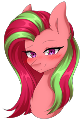 Size: 2681x3997 | Tagged: safe, artist:torihime, oc, oc only, oc:feather nib, pegasus, pony, blushing, bust, eyebrows, female, green mane, heart, heart eyes, high res, looking at you, mare, pegasus oc, pink coat, pink mane, purple eyes, raised eyebrow, simple background, transparent background, two toned mane, wingding eyes
