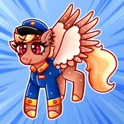 Size: 1080x1080 | Tagged: safe, artist:c0nfetti_guts, swift reply, pegasus, pony, blonde, blue background, clothes, female, hat, mare, red eyes, simple background, spread wings, uniform, wings