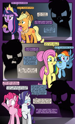 Size: 1920x3168 | Tagged: safe, artist:alexdti, applejack, fluttershy, pinkie pie, rainbow dash, rarity, twilight sparkle, oc, oc:brainstorm (alexdti), oc:purple creativity, oc:star logic, alicorn, earth pony, pegasus, pony, comic:quest for friendship, g4, female, mane six, mare, older, pink mane, pink tail, tail, twilight sparkle (alicorn), wings, yellow coat