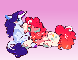 Size: 957x742 | Tagged: safe, artist:queerhorses, pinkie pie, rarity, earth pony, pony, unicorn, g4, alternate design, female, gradient background, lesbian, lying down, prone, ship:raripie, shipping