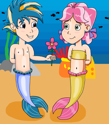 Size: 894x1019 | Tagged: safe, artist:ocean lover, kettle corn, skeedaddle, fish, human, merboy, mermaid, merman, g4, bandeau, bare shoulders, bashful, belly, belly button, blushing, bow, child, children, coral, cute, duo, duo male and female, female, fins, fish tail, flower, hand behind back, happy, human coloration, humanized, in love, innocent, kedaddle, kettlebetes, kids, looking at each other, looking at someone, male, male nipples, mermaid lovers, mermaid tail, mermaidized, mermay, midriff, ms paint, nipples, ocean, ribbon bow tie, sand, shipping, shipping fuel, skeedorable, sleeveless, smiling, smiling at each other, species swap, straight, tail, tail fin, two toned hair, underwater, water