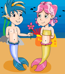 Size: 894x1019 | Tagged: safe, artist:ocean lover, kettle corn, skeedaddle, fish, human, merboy, mermaid, merman, g4, bandeau, bare shoulders, bashful, belly, belly button, blushing, bow, child, children, coral, cute, duo, duo male and female, female, fins, fish tail, flower, hand behind back, happy, human coloration, humanized, in love, innocent, kedaddle, kettlebetes, kids, looking at each other, looking at someone, male, male nipples, mermaid lovers, mermaid tail, mermaidized, mermay, midriff, ms paint, nipples, ocean, ribbon bow tie, sand, seaweed, shipping, shipping fuel, skeedorable, sleeveless, smiling, smiling at each other, species swap, straight, swimming, tail, tail fin, two toned hair, underwater, water