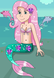Size: 1065x1528 | Tagged: safe, artist:ocean lover, fluttershy, dolphin, human, mermaid, g4, animal, bare shoulders, bashful, beach, beautiful eyes, beautiful hair, belly, belly button, blue eyes, boulder, bra, clothes, cloud, curvy, fish tail, flutterbeautiful, friendly, girly girl, hair ornament, hourglass figure, human coloration, humanized, innocent, jumping, kindness, light skin, long hair, looking at you, mammal, mermaid tail, mermaidized, mermay, midriff, ms paint, nice, ocean, outdoors, pink hair, pose, pretty, rock, seashell, seashell bra, shiny skin, shy, sitting, sky, sleeveless, smiling, smiling at you, species swap, splash, tail, uncanny valley, underwear, water, watershy, wave