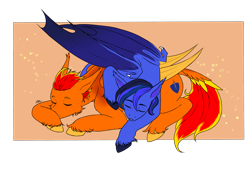 Size: 2039x1446 | Tagged: safe, artist:natt333, oc, oc only, oc:fireheart(fire), oc:guard cobalt flash, bat pony, pegasus, pony, commissioner:nightschatter, duo, male, sleeping