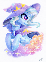 Size: 1103x1484 | Tagged: safe, artist:maytee, trixie, pony, unicorn, g4, brooch, bust, cape, clothes, colored pencil drawing, female, hat, horn, jewelry, mare, portrait, profile, smiling, solo, traditional art, trixie's brooch, trixie's cape, trixie's hat